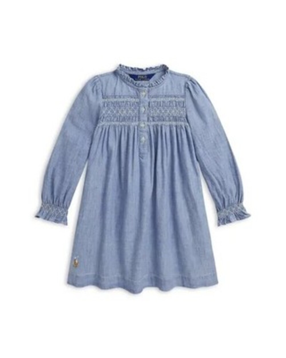 Polo Ralph Lauren Smocked Chambray Dress Girls 10 Blue Ruffle Trim Front Button